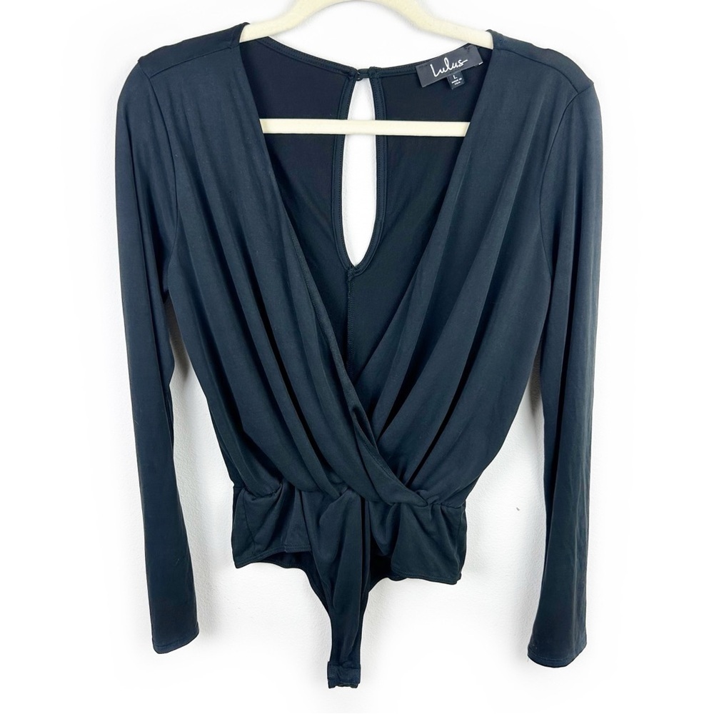 Lulus Black Draped Bodysuit long sleeve black cross front size: L